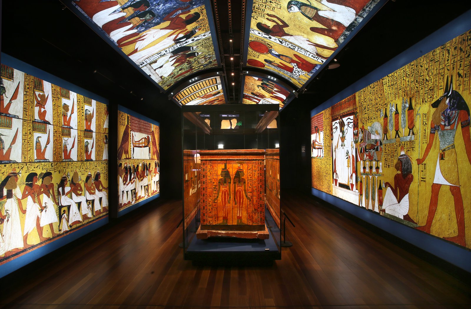 Sennedjem’s outer coffin and lid on a wooden sled on display at Ramses & the Gold of the Pharaohs exhibition