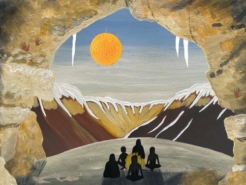 Artist impression of the ancient ice age cave. Painting by Dharug artist Leanne Redpath Watson.