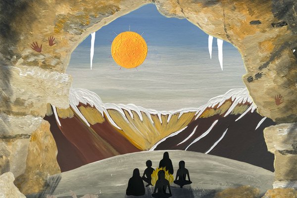 Artist impression of the ancient ice age cave. Painting by Dharug artist Leanne Redpath Watson.