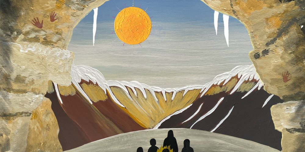 Artist impression of the ancient ice age cave. Painting by Dharug artist Leanne Redpath Watson.