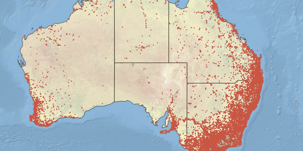 Map of Australia illustrating data points from the FrogID dataset 6.0