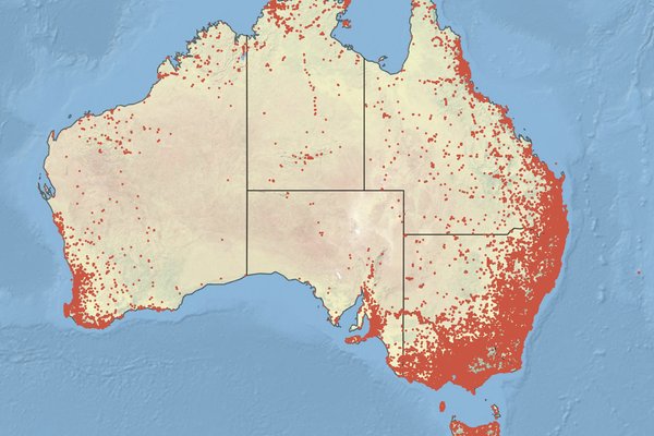 Map of Australia illustrating data points from the FrogID dataset 6.0