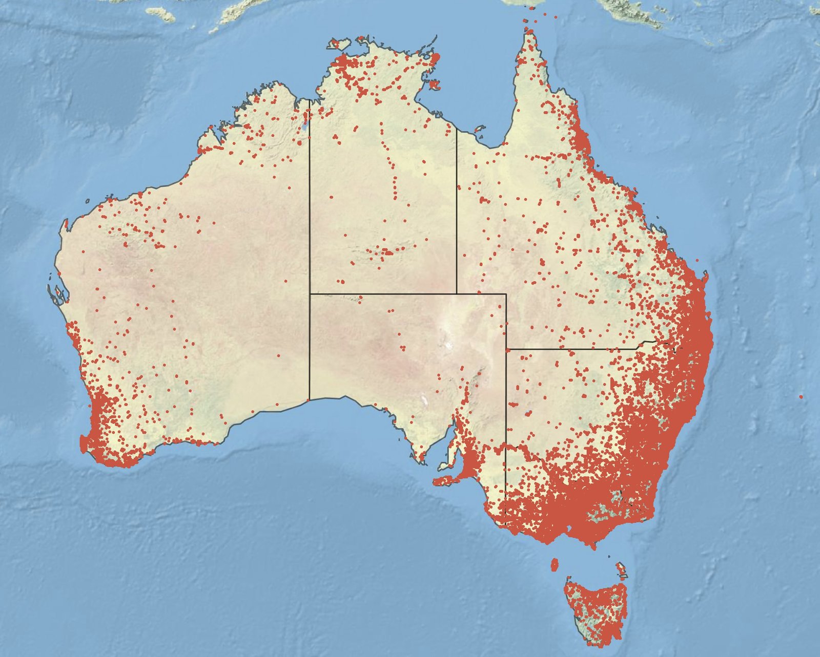 Map of Australia illustrating data points from the FrogID dataset 6.0