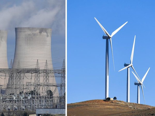 A coal-fired power station and a wind farm in NSW